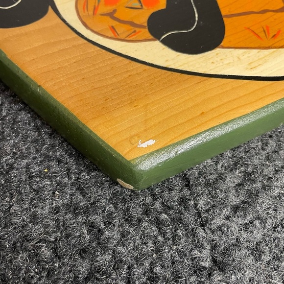 Vtg Halloween Black Cat Pumpkin Folk Art Hand Painted Welcome Wood Sign Mexico - Picture 3 of 6